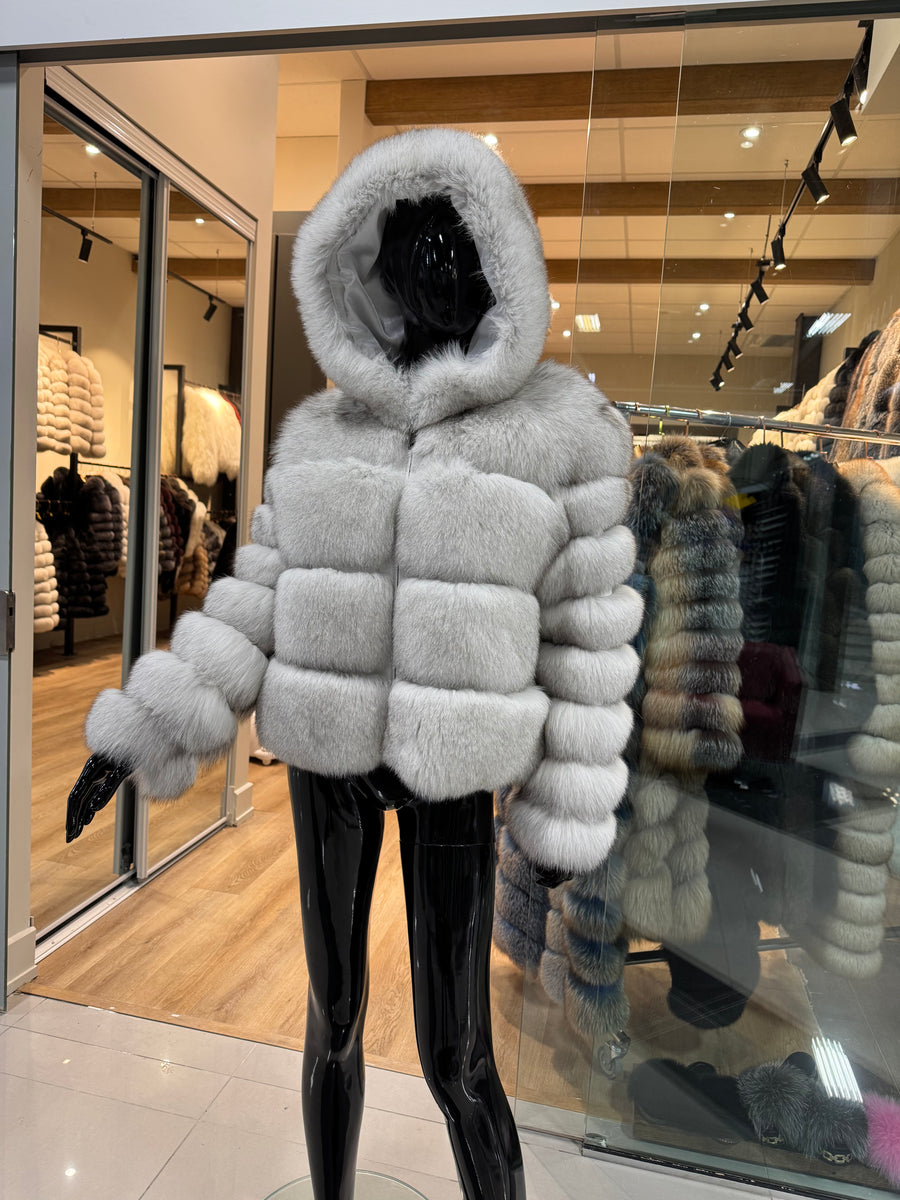 Hooded White Fox Fur Jacket – Large Fur Panels & Unique Luxury