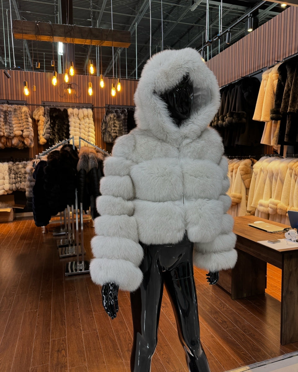Hooded White Fox Fur Jacket – Large Fur Panels & Unique Luxury