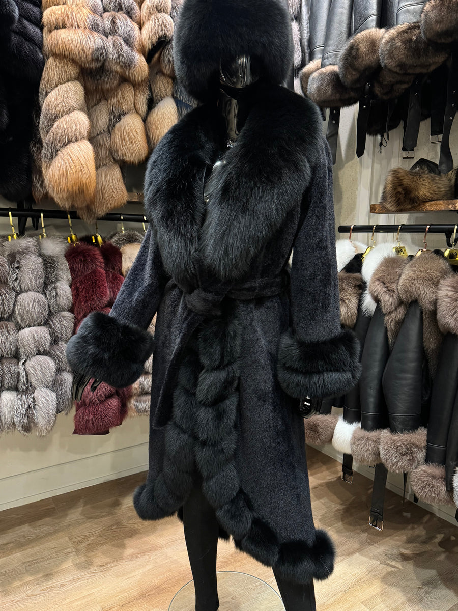 Exclusive Black Fox Fur Trimmed Alcantara Coat – Luxury Women's