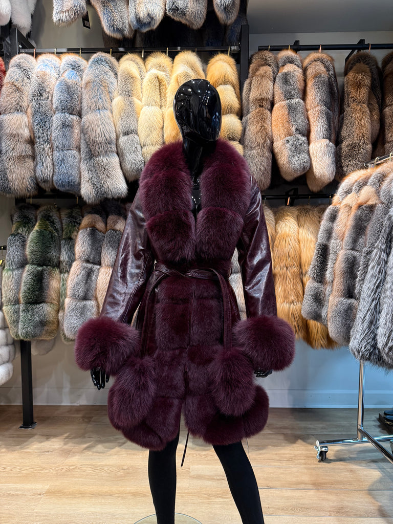 Burgundy Fox Fur & Genuine Leather Luxury Coat | Premium Real Fur Winter Coat