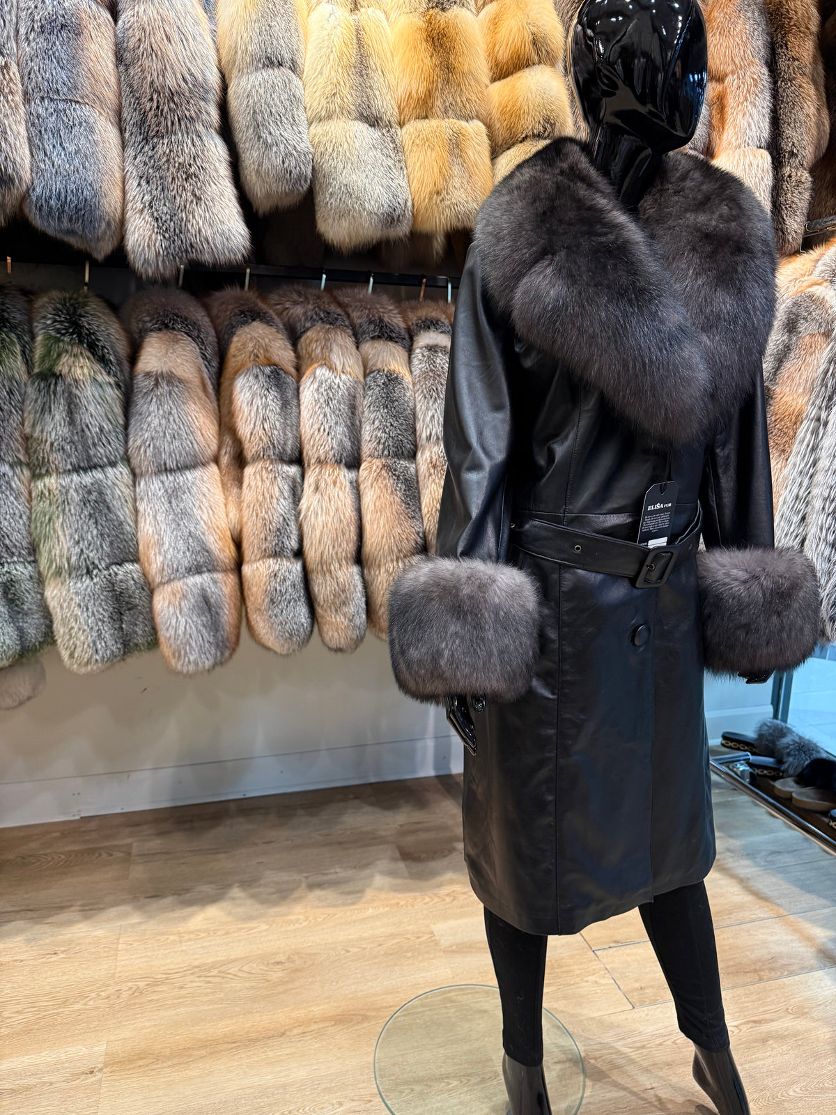 Luxury Real Fox Fur & Lambskin Leather Coat – Removable Fur Sleeves & Collar – Belt Included