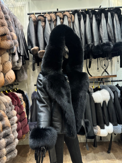 Premium Black Fox Fur Hooded Shearling Leather Jacket