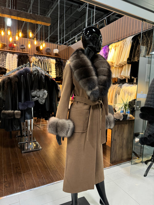 Brown Fox Fur & Cashmere Coat with Belt – Luxury Women’s Winter Overcoat