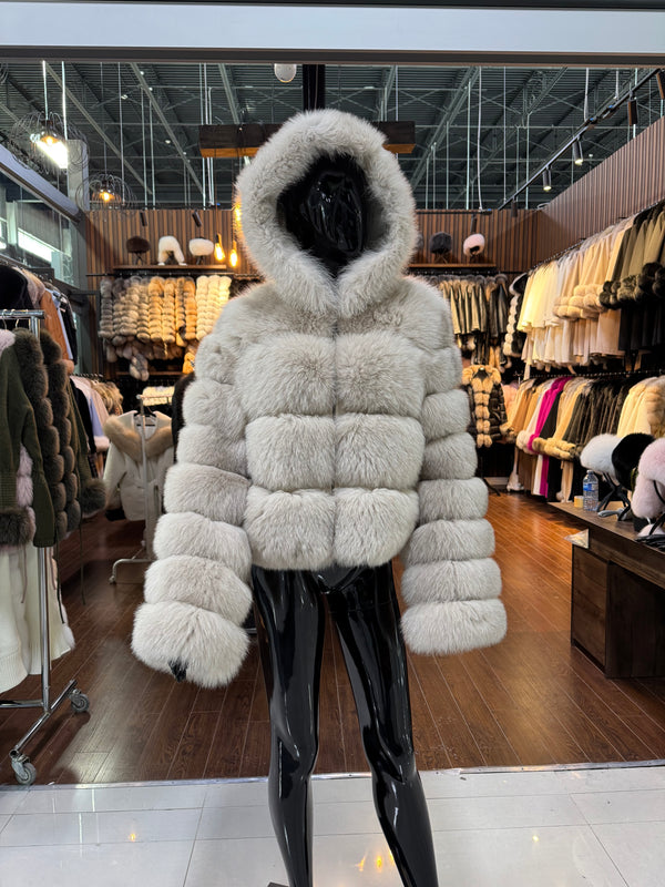 Hooded Beige Fox Fur Jacket