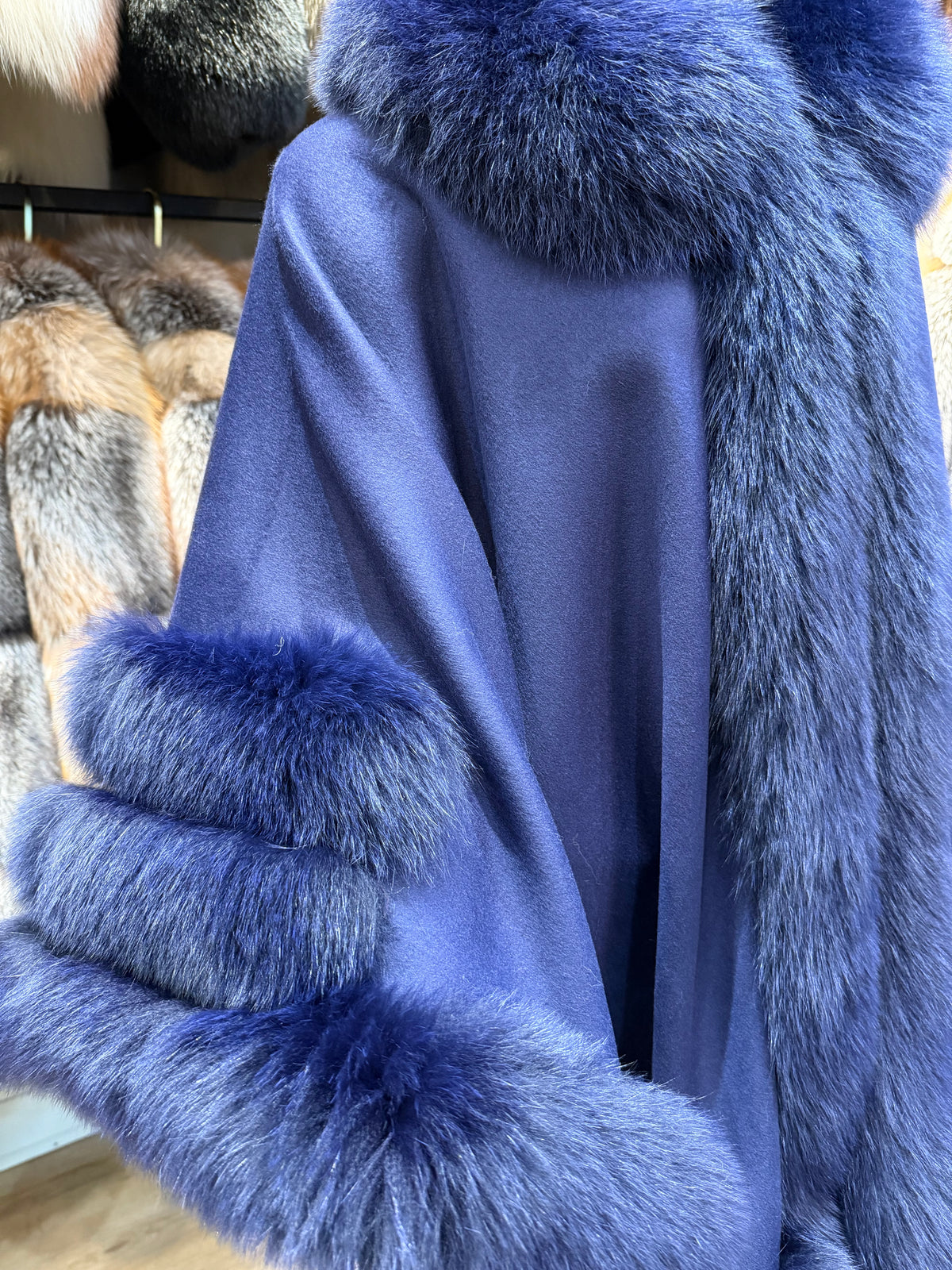 Luxury Navy Blue Fox Fur & Cashmere Poncho | Elegant Women’s Fur Cape