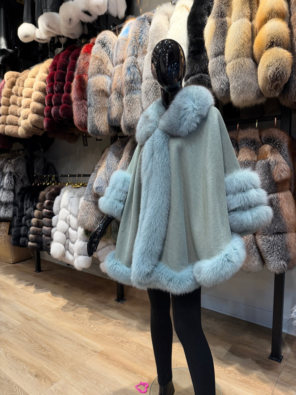 Luxury Light Green Fox Fur & 100% Cashmere Poncho – Exclusive Custom Color