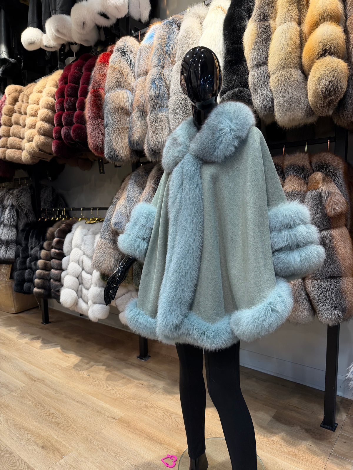 Luxury Light Green Fox Fur & 100% Cashmere Poncho – Exclusive Custom Color