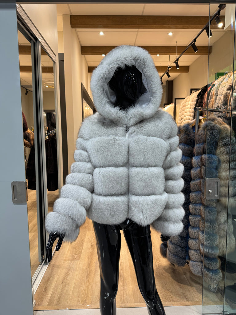 Hooded White Fox Fur Jacket – Large Fur Panels & Unique Luxury