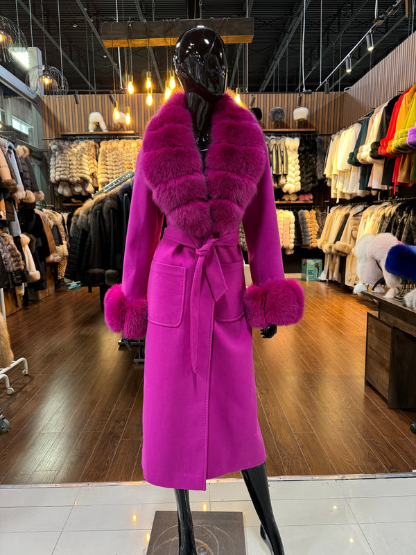 Pink Fox Fur & Cashmere Coat – Luxury Women’s Winter Overcoat