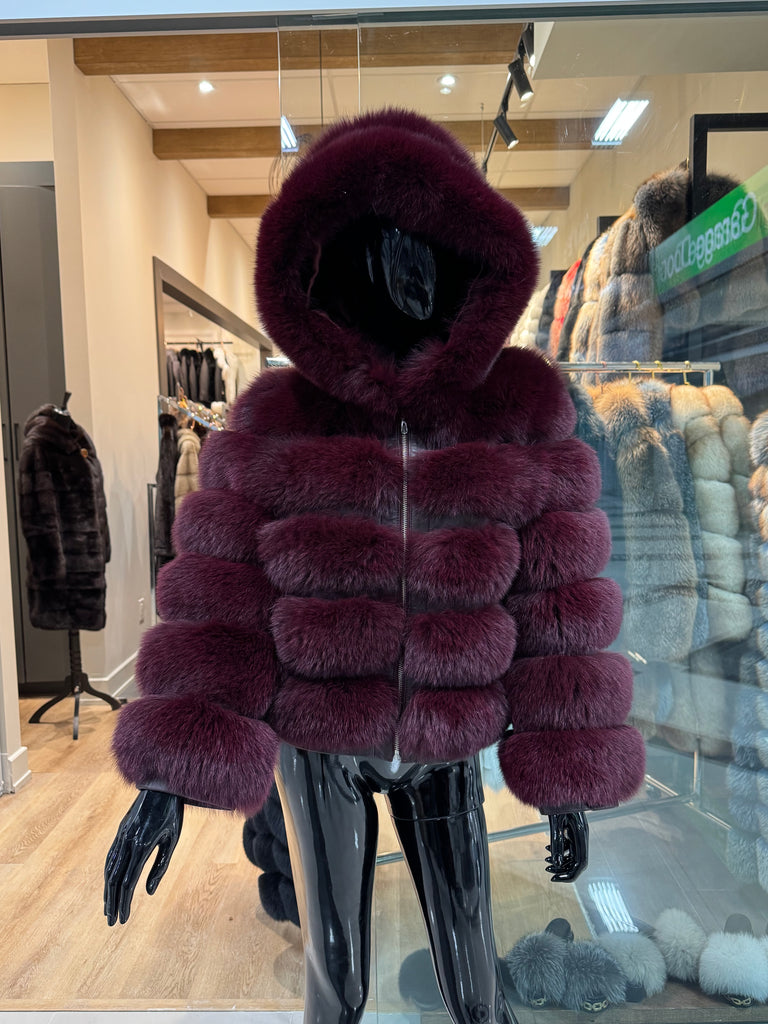 Hooded Burgundy Fox Fur Jacket – Luxury Real Fox Fur Coat, Premium Handmade Winter Jacket