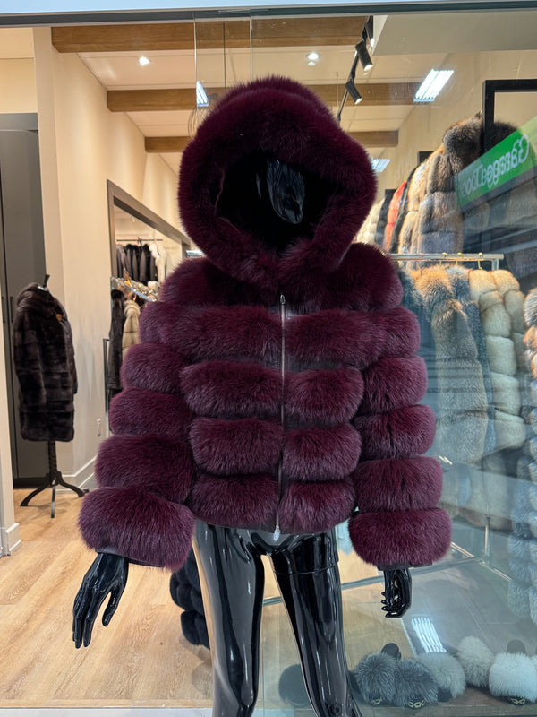 Hooded Burgundy Fox Fur Jacket – Luxury Real Fox Fur Coat, Premium Handmade Winter Jacket