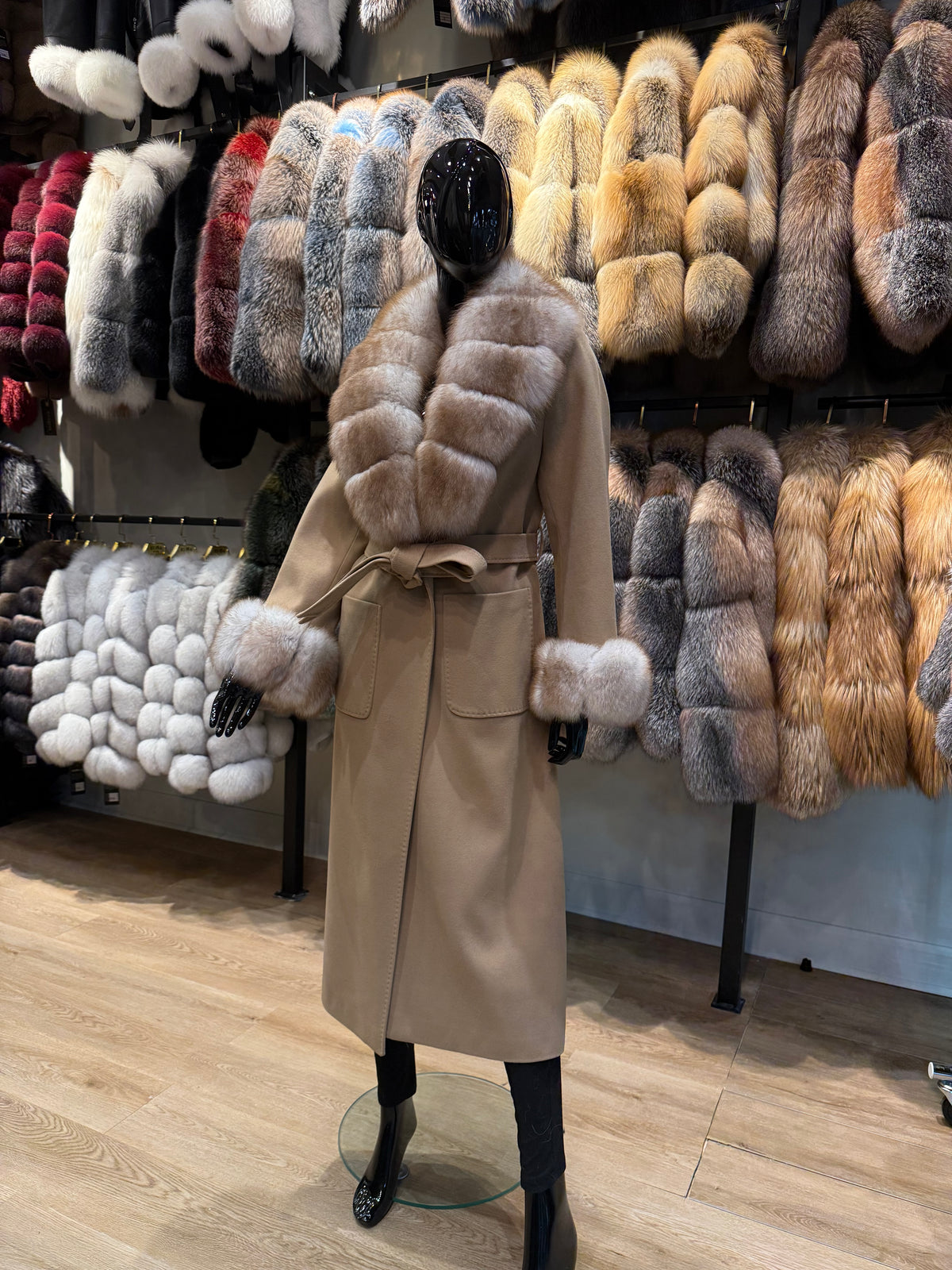 Luxury Camel Fox Fur & Cashmere Coat – Handmade Real Fox Fur Winter Long Coat