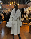 Beige Cashmere & Real Fox Fur Coat with Buttons & Belt – Luxury Women’s Jacket
