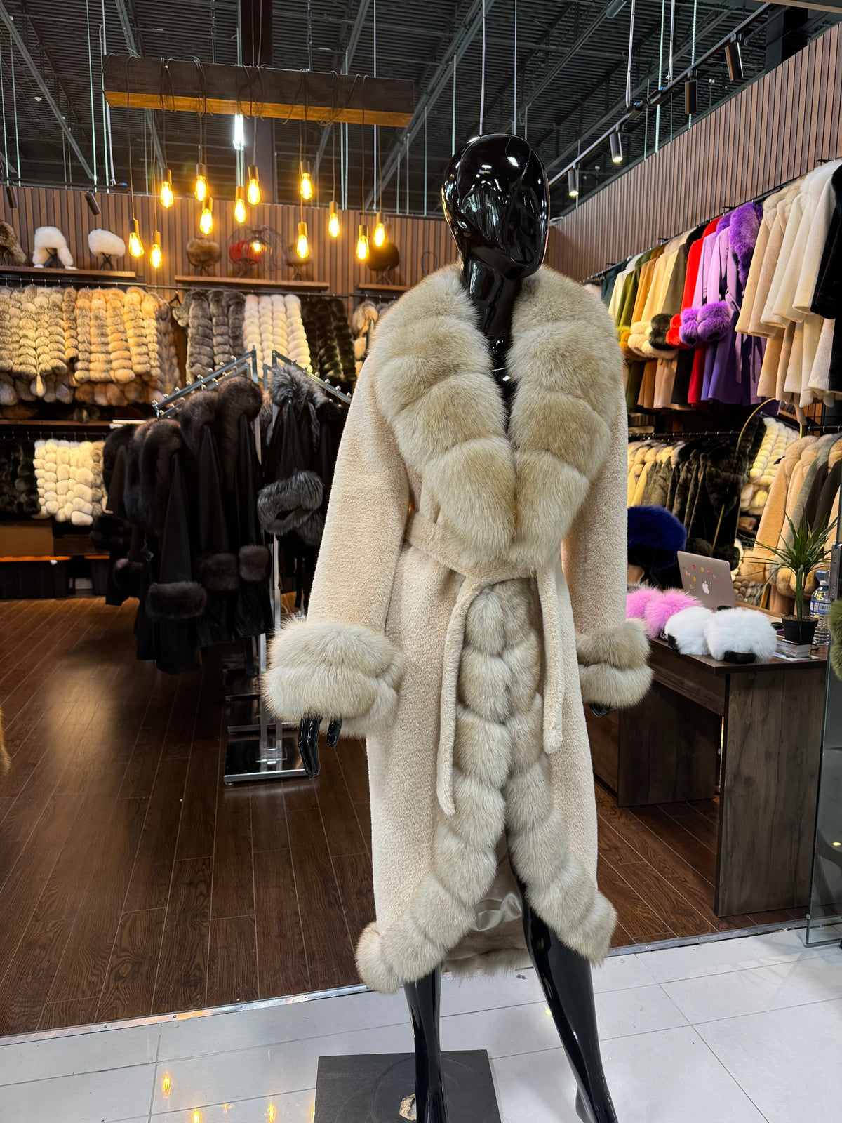Beige Alcantara Coat Fully Trimmed with Fox Fur – Luxury Designer Women’s Jacket