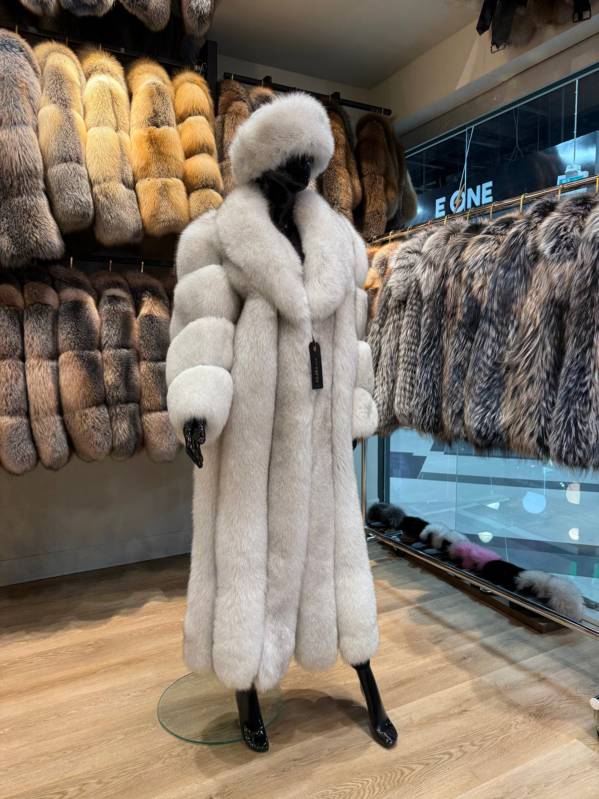 Natural White Genuine Fox Fur Long Coat – 130 cm Luxury Design