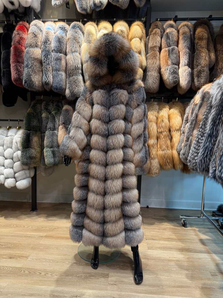 Luxury Natural Fox Fur Maxi Coat with Hood – Full Length Genuine Fox Fur Winter Coat