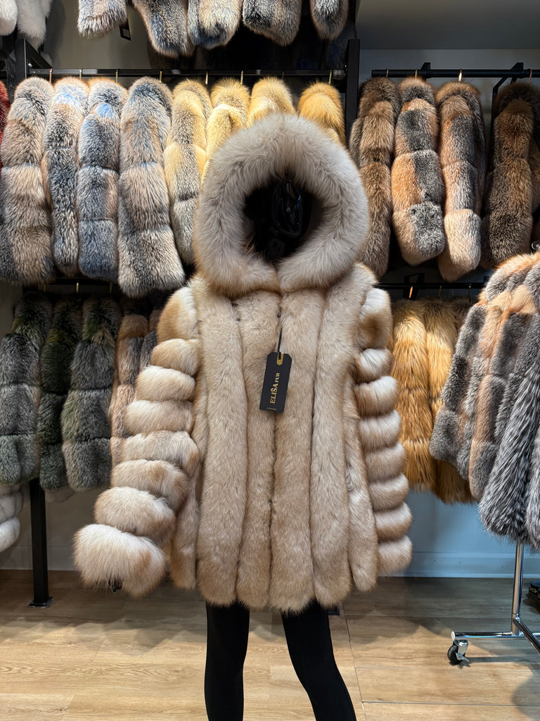Gold Fox Fur Hooded Jacket – Luxury Real Fox Fur Coat, Handmade Winter Outerwear