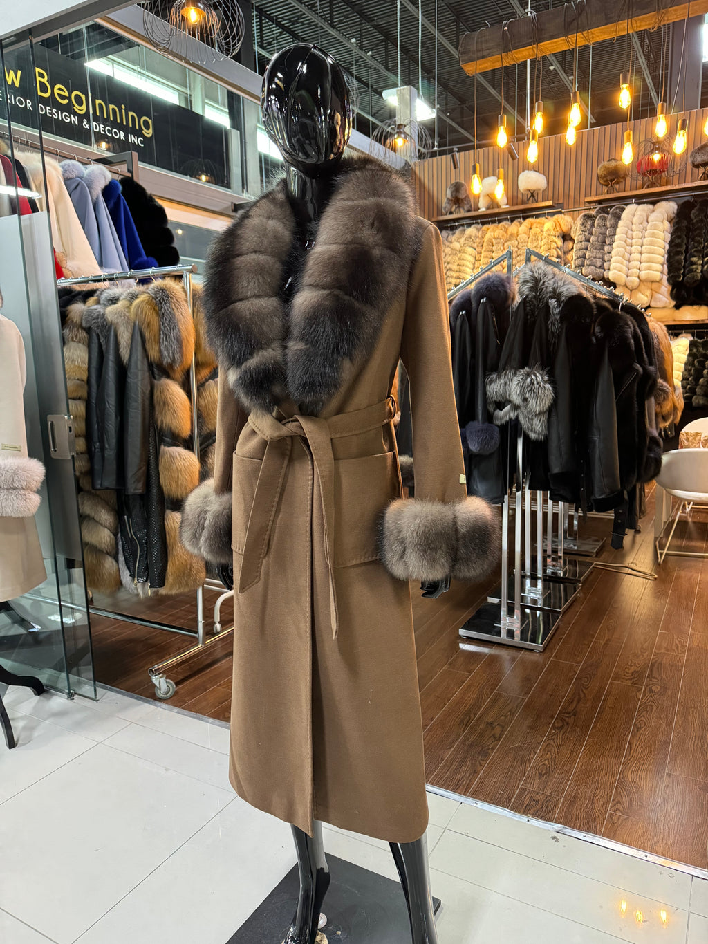 Brown Fox Fur & Cashmere Coat with Belt – Luxury Women’s Winter Overcoat