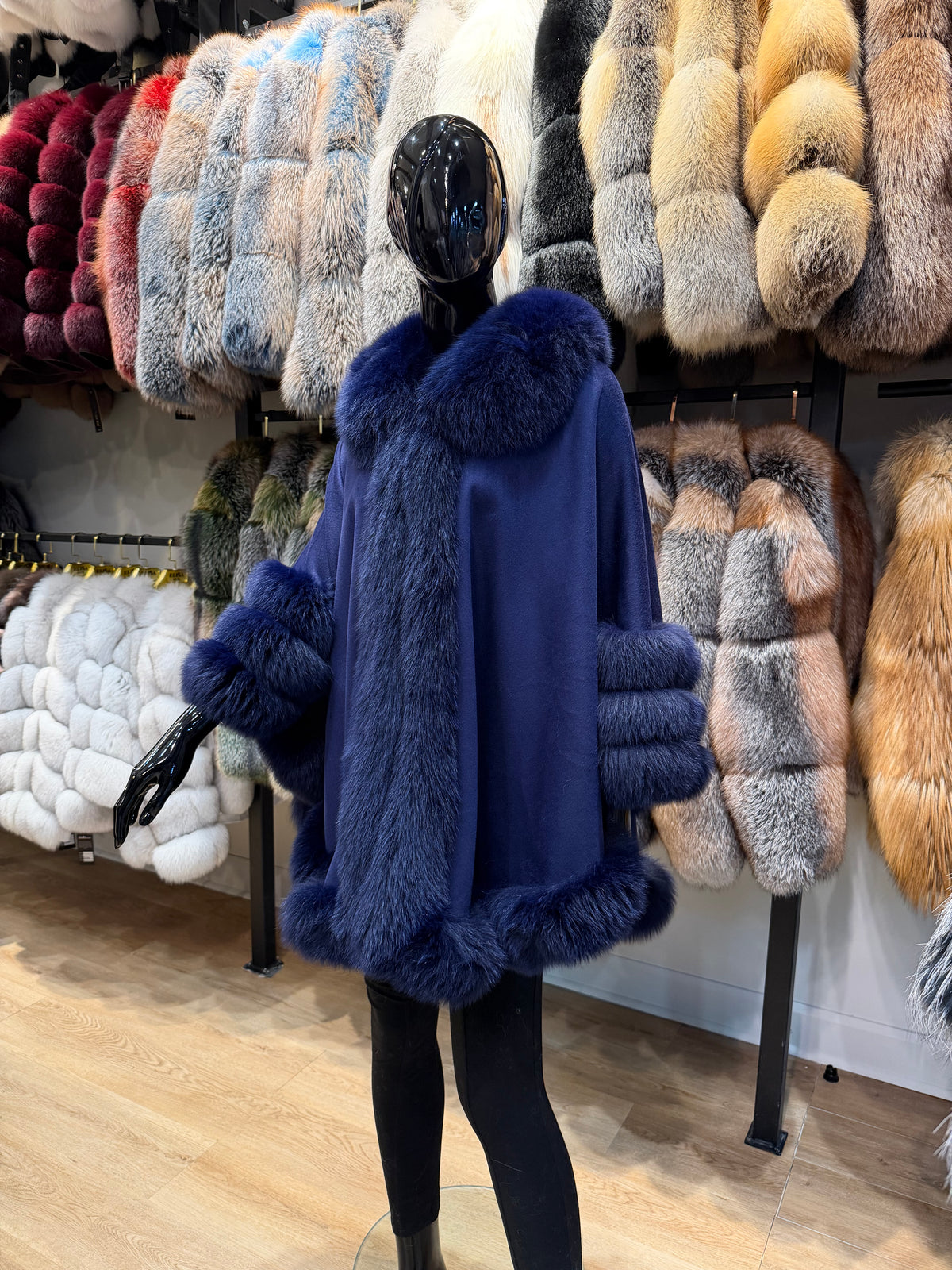 Luxury Navy Blue Fox Fur & Cashmere Poncho | Elegant Women’s Fur Cape
