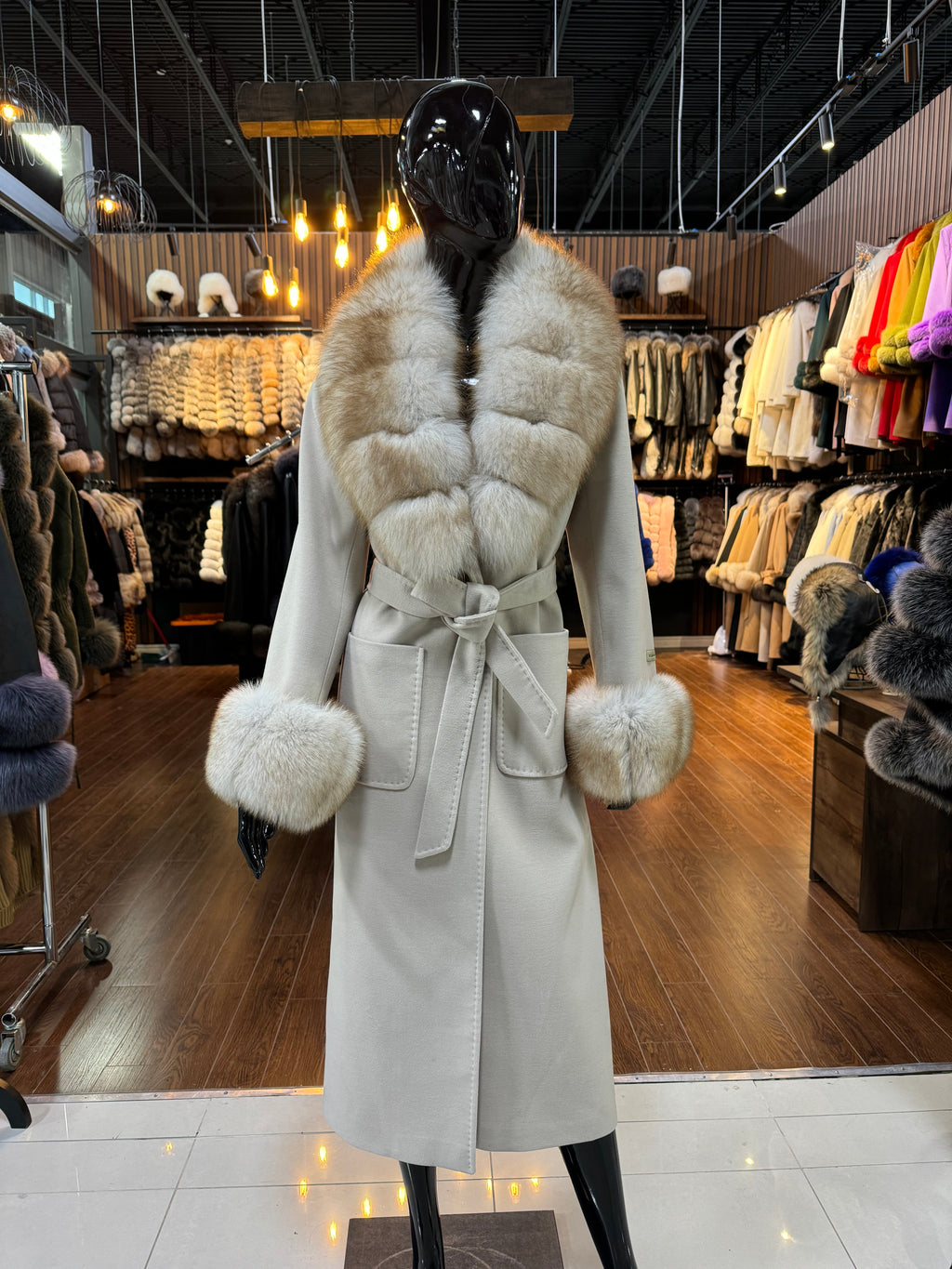 Beige Cashmere and Fox Fur Coat