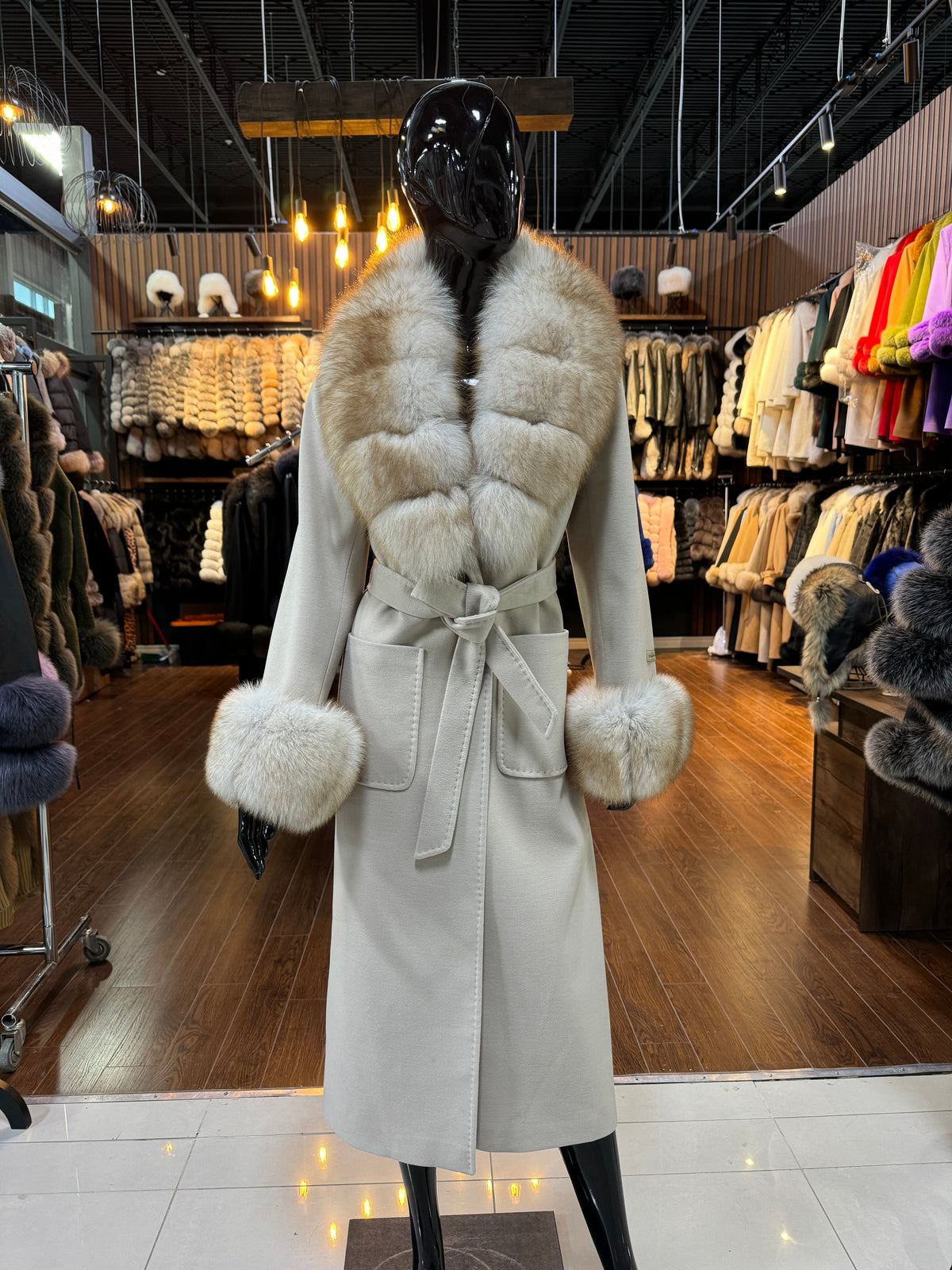 Beige Cashmere and Fox Fur Coat