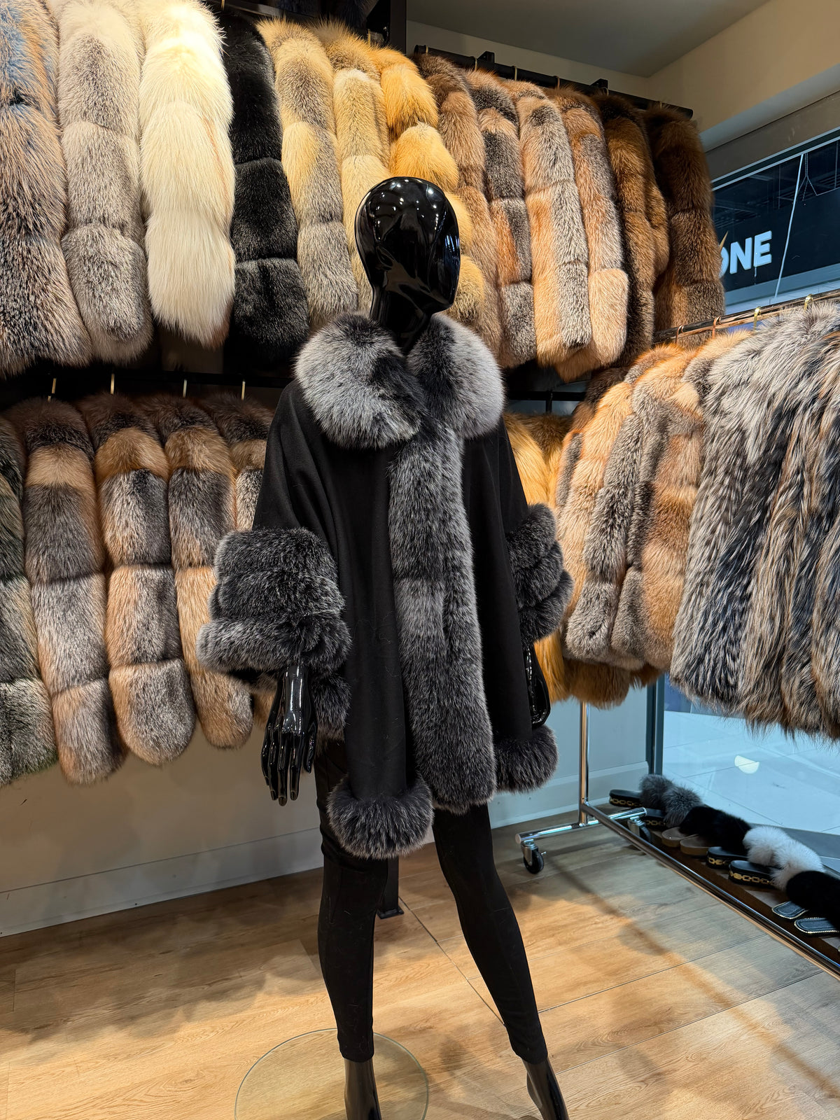 Silver Fox Fur and Cashmere Fabric Poncho