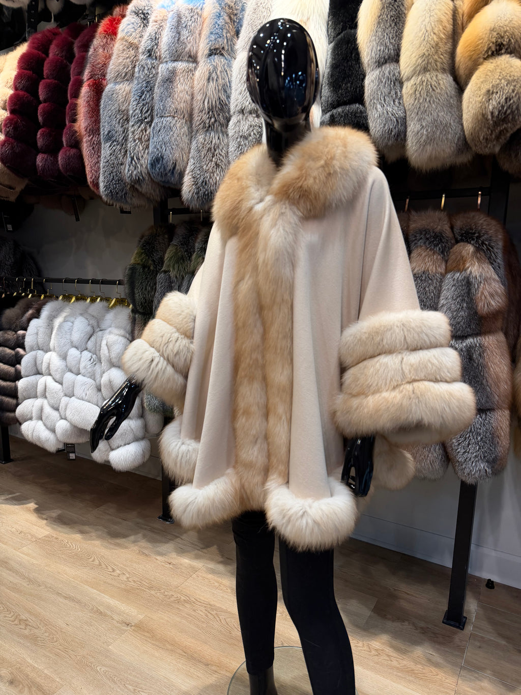 Luxury Real Fox Fur & Cashmere Poncho