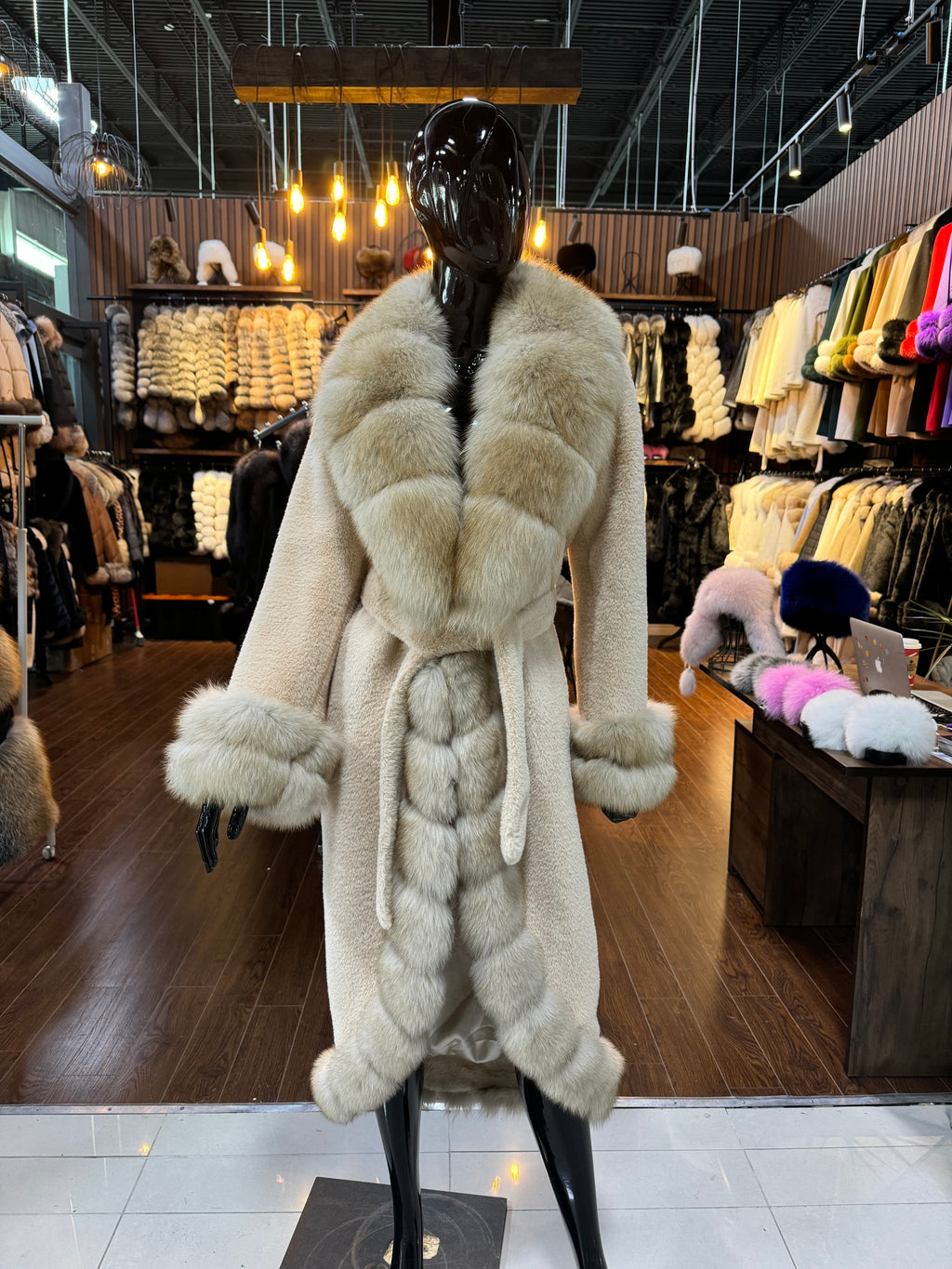 Beige Alcantara Coat Fully Trimmed with Fox Fur – Luxury Designer Women’s Jacket