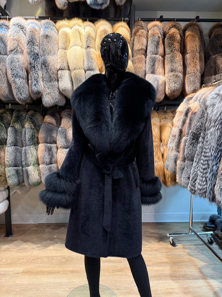 Black Fox Fur & Alcantara Women’s Coat – Luxury Winter Jacket
