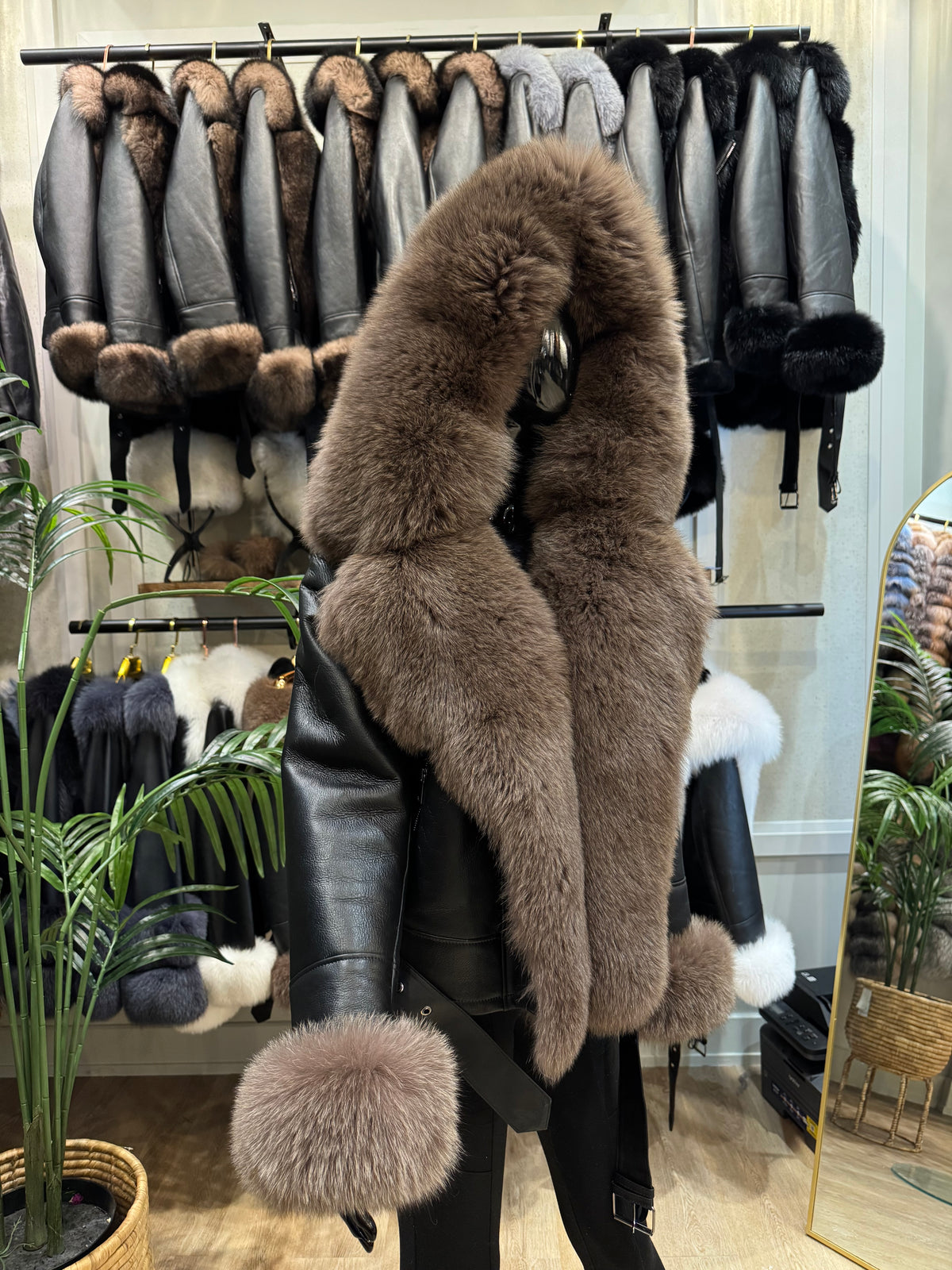 Hooded Brown Fox Fur & Genuine Leather Jacket – Luxury Handmade