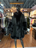 Black Cashmere Poncho with Black Fox Fur Trim | Luxury Winter Wrap | Elegant Black Cape Shawl for Women