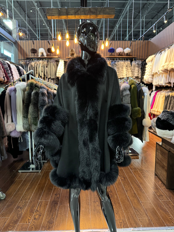 Black Cashmere Poncho with Black Fox Fur Trim | Luxury Winter Wrap | Elegant Black Cape Shawl for Women