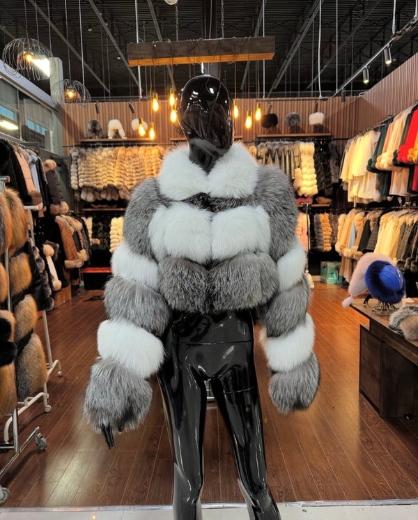 Silver and White Real Fox Fur Jacket – Premium Handmade Design
