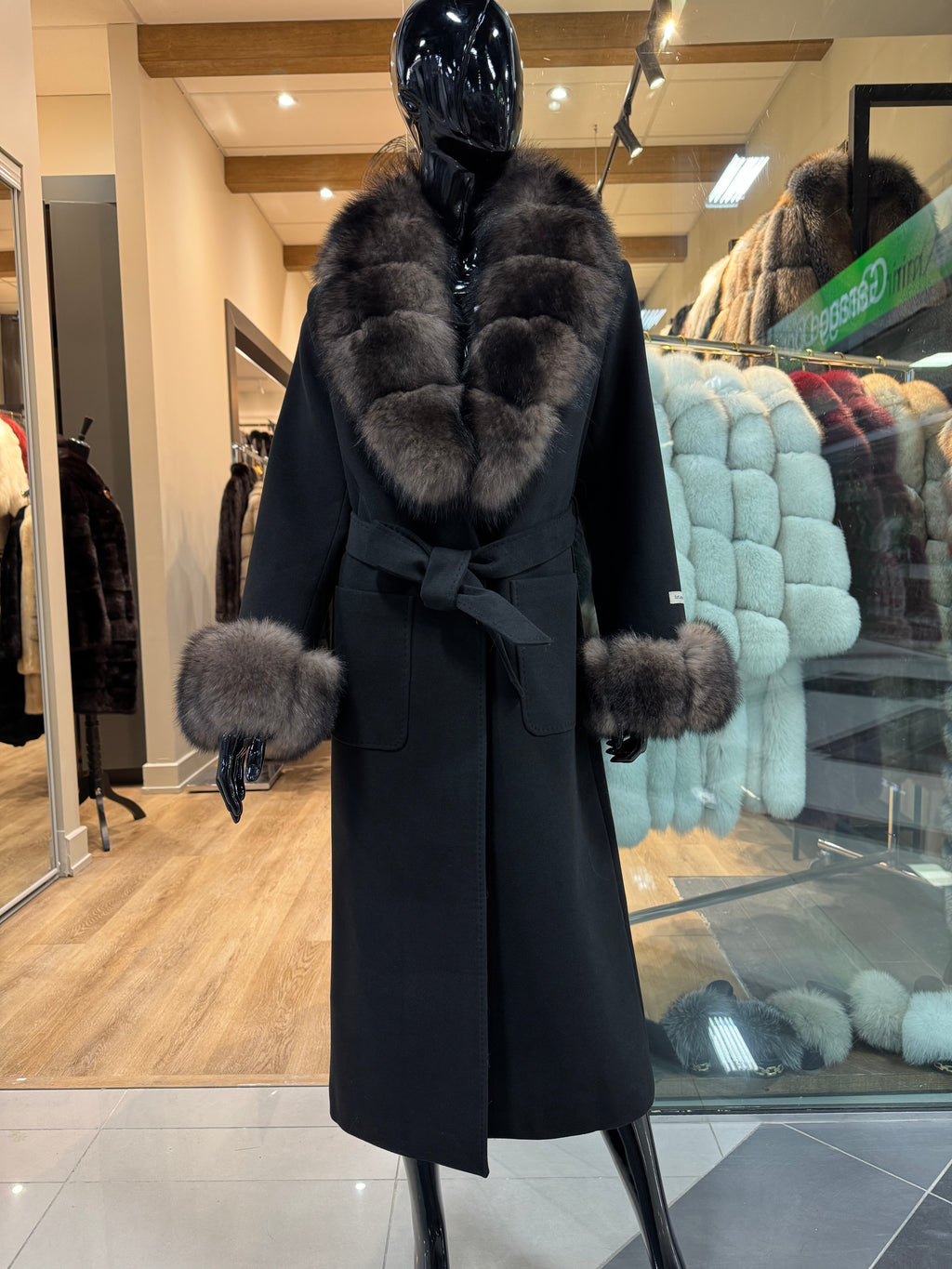 Fox Fur  Black Cashmere Coat