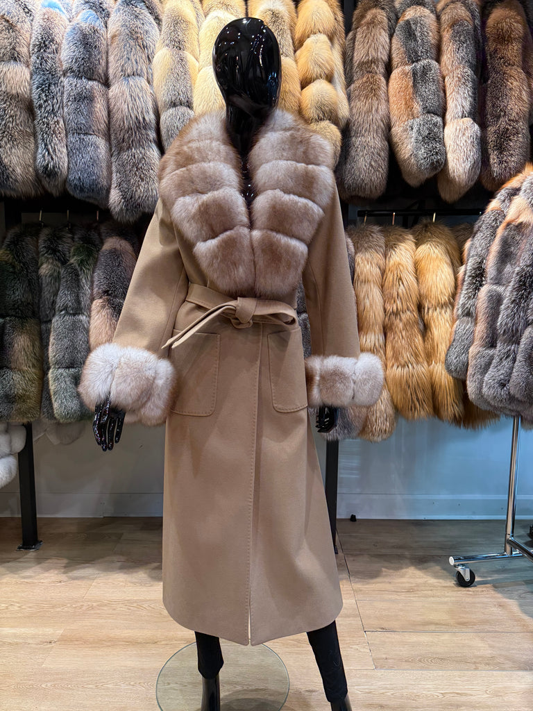 Luxury Camel Fox Fur & Cashmere Coat – Handmade Real Fox Fur Winter Long Coat