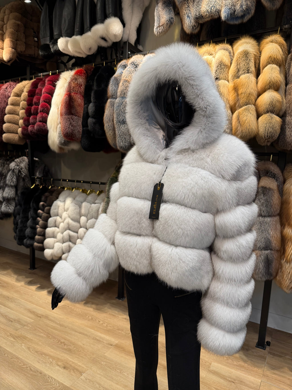 Hooded White Fox Fur Jacket – Large Fur Panels & Unique Luxury Design