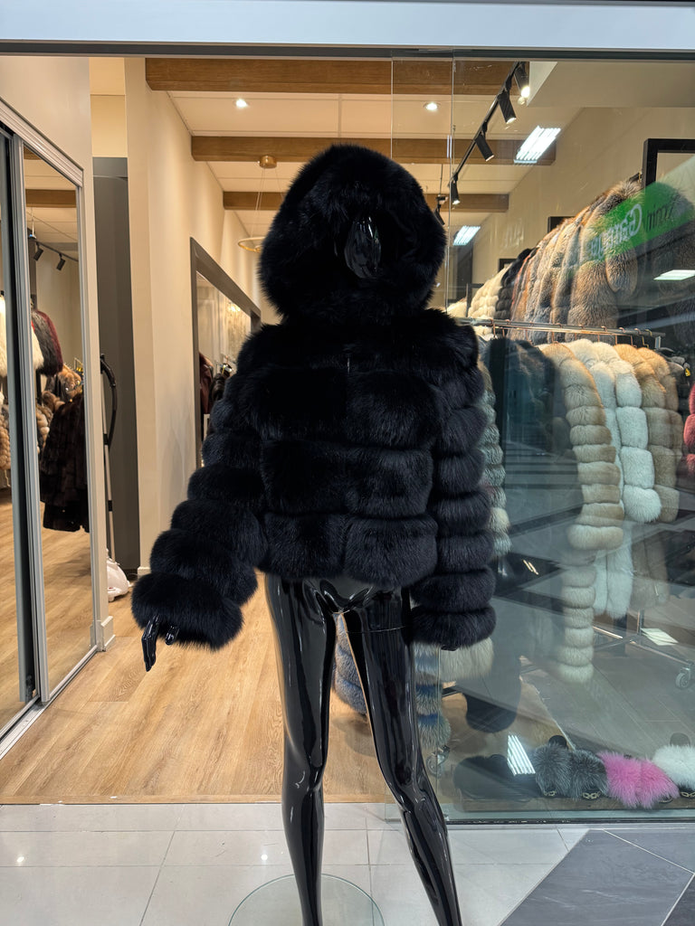 Luxurious Real Black Fox Fur Hooded Jacket