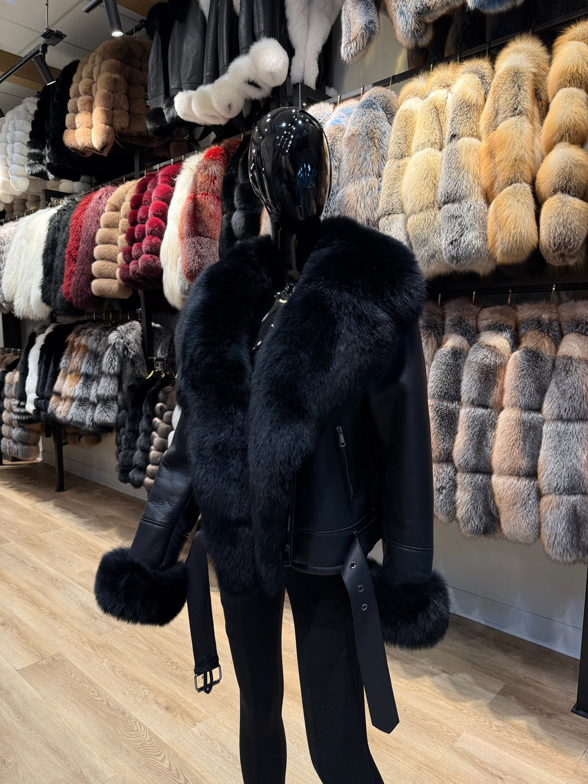 Black Fox Fur & Shearling Leather Jacket – Luxury Designer Sporty Coat