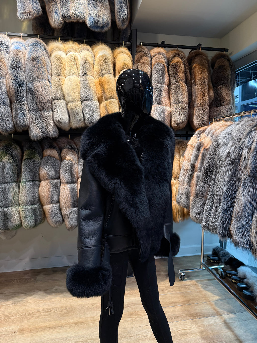 Black Fox Fur & Shearling Leather Jacket – Luxury Designer Sporty Coat