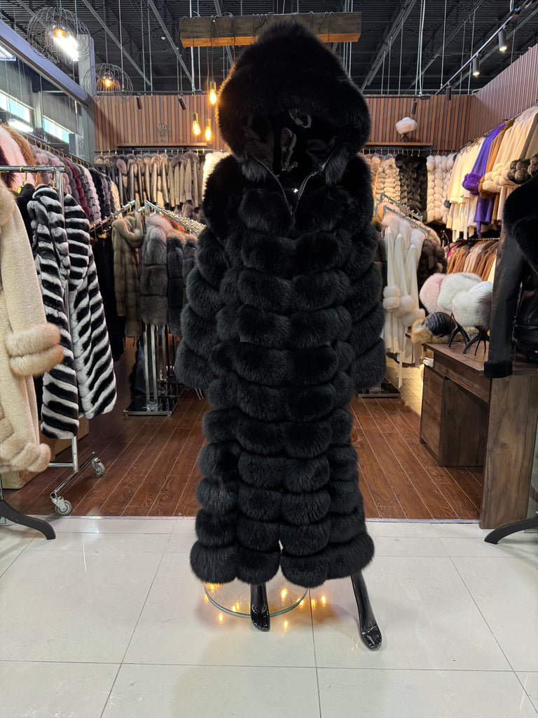 Black Fox Fur Maxi Long Luxury Coat