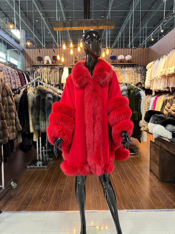 Red Cashmere Poncho with Real Fox Fur Trim | Luxury Winter Wrap | Elegant Red Cape Shawl for Women