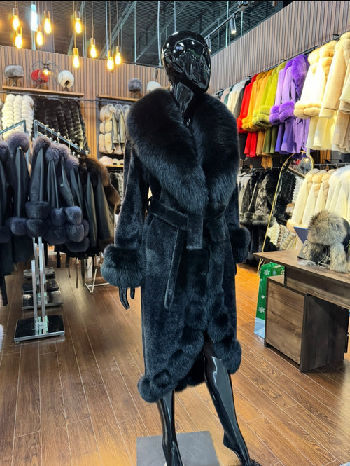 Exclusive Black Fox Fur Trimmed Alcantara Coat – Luxury Women’s Designer Jacket