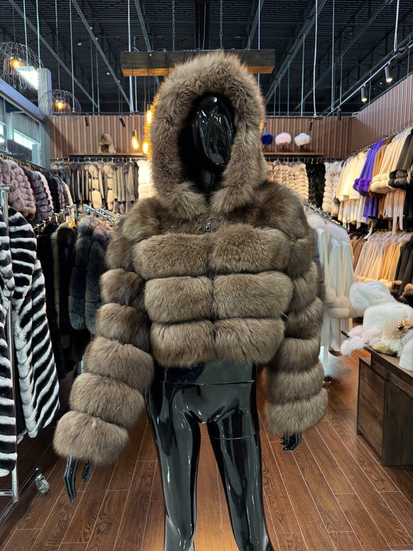 Brown Fox Fur Hooded Short Jacket – Luxury Real Fur Coat