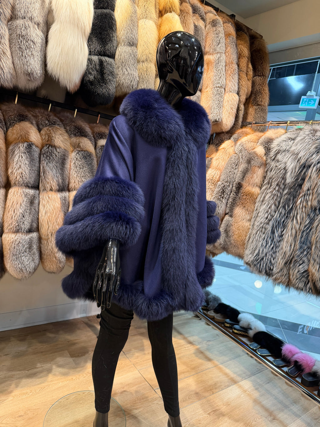 Luxury Navy Blue Fox Fur & Cashmere Poncho | Elegant Women’s Fur Cape