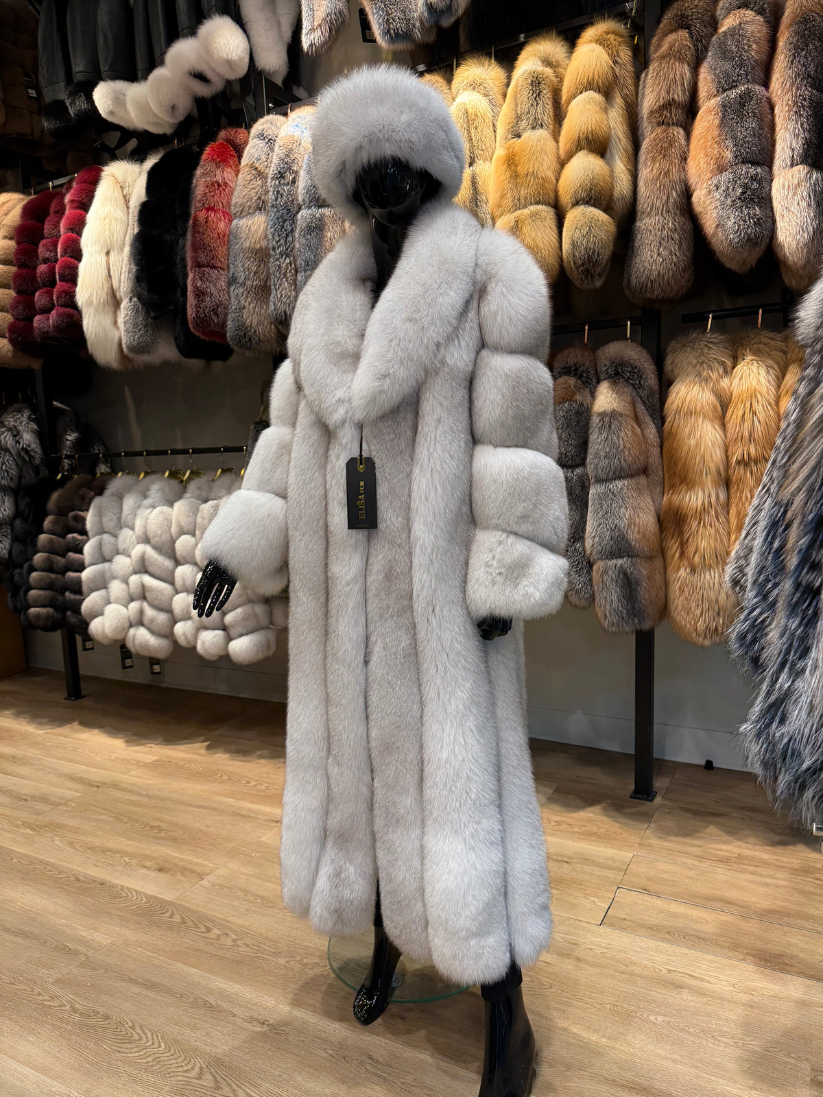 Natural White Genuine Fox Fur Long Coat – 130 cm Luxury Design