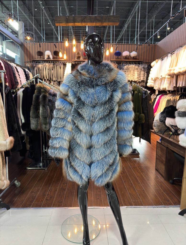Luxury Blue Fox Fur Coat – Special Color Genuine Fox Fur Women’s Winter Jacket