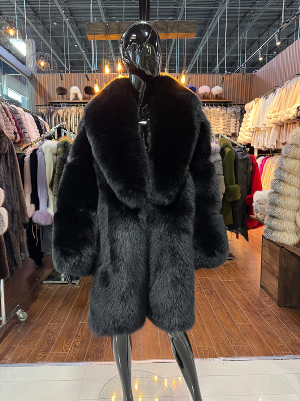 Black Fox Fur Coat Luxury | One Piece Real Fox Fur Long Coat | Handmade Designer Winter Fur Coat