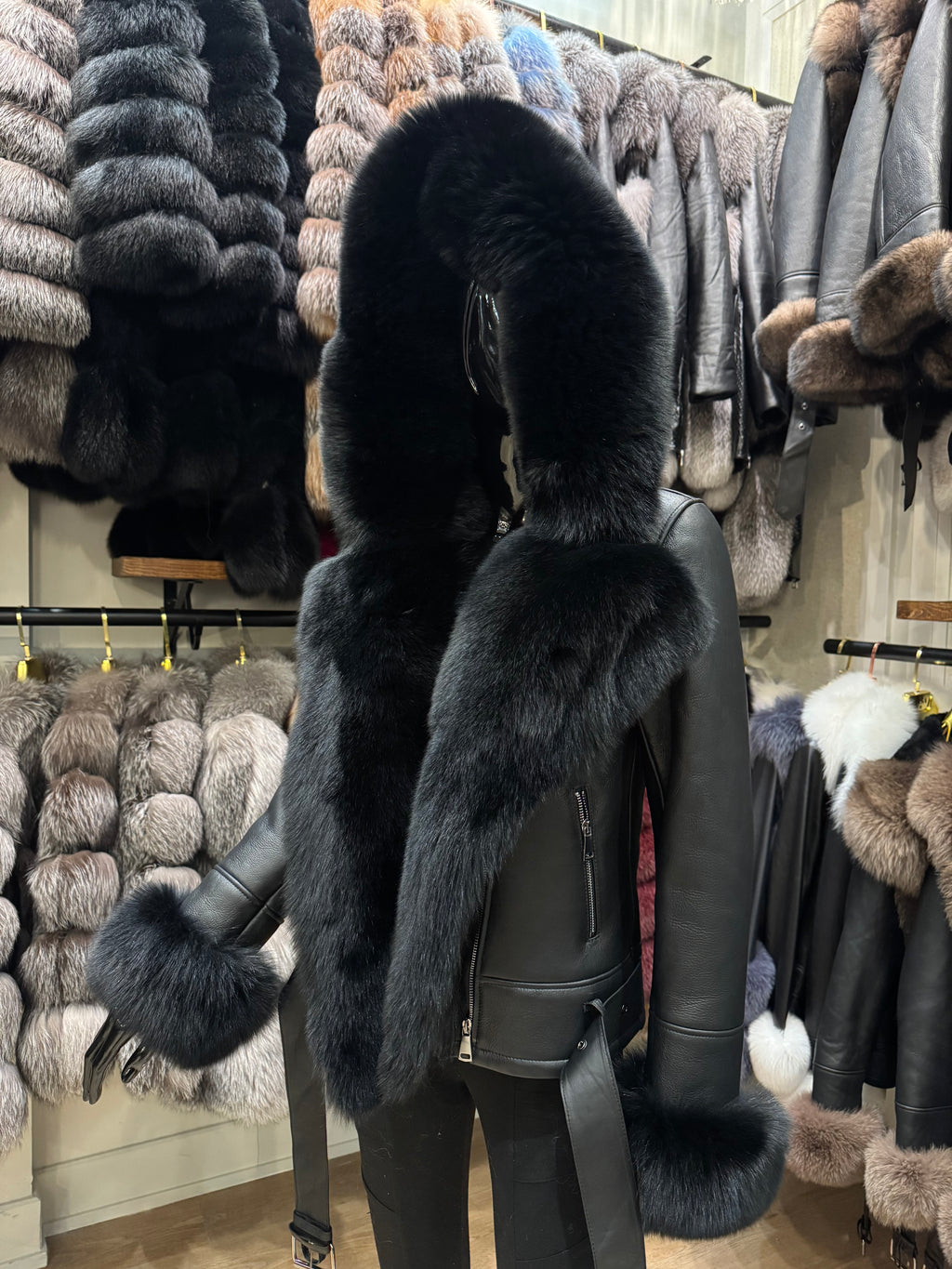 Premium Black Fox Fur Hooded Shearling Leather Jacket