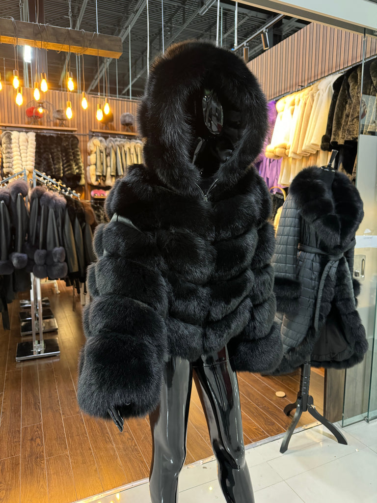 Hooded Black Fox Fur Jacket – Luxury Women's Winter Outerwear