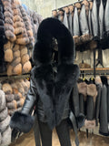 Premium Black Fox Fur Hooded Shearling Leather Jacket